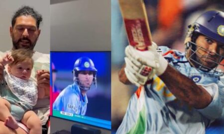 Yuvraj Singh is watching his six sixes in an over with his son