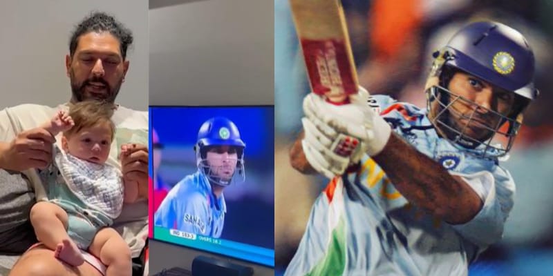 Yuvraj Singh is watching his six sixes in an over with his son